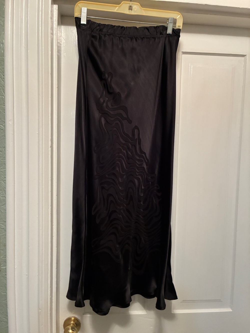 Black Satin Maxi Skirt with Subtle Tone-on-Tone Wave Motif
